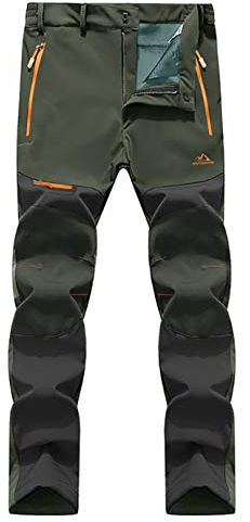EKLENTSON Men's Waterproof Work Trousers Soft Shell Fleece Lined Walking Hiking Biking Pants with Zip Pockets Army Green
