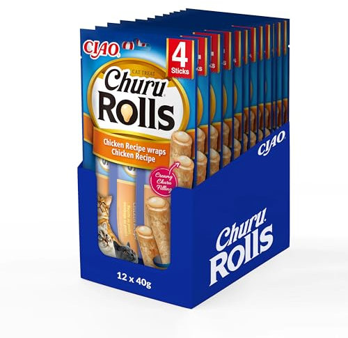 INABA Churu Rolls mit 59% Hühnerfleisch und 16% Thunfisch Katzenleckerlis | Getreidefrei, Zuckerfrei, Keine Nebenerzeugnisse Katzensnacks | Perfekt zum Verstecken von Tablette 40 g (12er Pack)