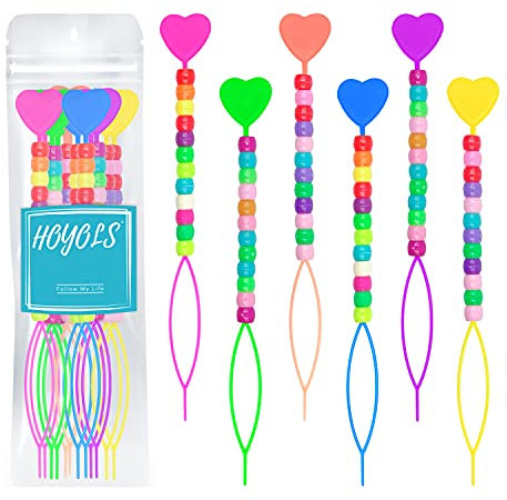 Hoyols Quick Beader zum Laden von Perlen – Zopfstringer, Pferdeschwanzmacher, Haarstyling-Werkzeug-Set für Kinder und Mädchen, bunt (6 Stück, mehrfarbig mit Perlen)