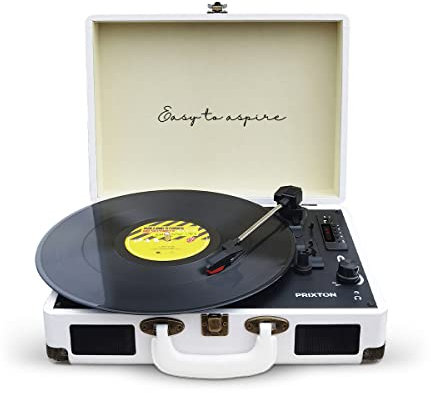 PRIXTON VC400 - Tocadiscos de Vinilo Vintage, Reproductor de Vinilo y Reproductor de Musica Mediante Bluetooth y USB, 2 Altavoces Incorporados, Diseño de Maleta, Blanco (Reacondicionado)