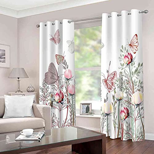 YIJOY Rideaux Occultant pour Chambre À Coucher Salon Cuisine Oeillets Isolation Thermique Rideau Papillon Fleur Rose Polyester Rideau Fenêtre 183x214cm, 2 Panneaux