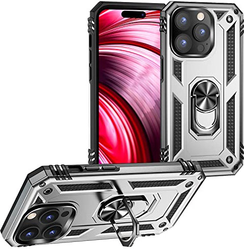 NALIA Military-Style Ringhülle kompatibel mit iPhone 14 Pro Hülle, Extrem Schützend Stoßfest Robust Outdoor, 360° Ring für Standfunktion & KFZ-Halterung, Hardcase & Silikon Cover Case, Farbe:Silber