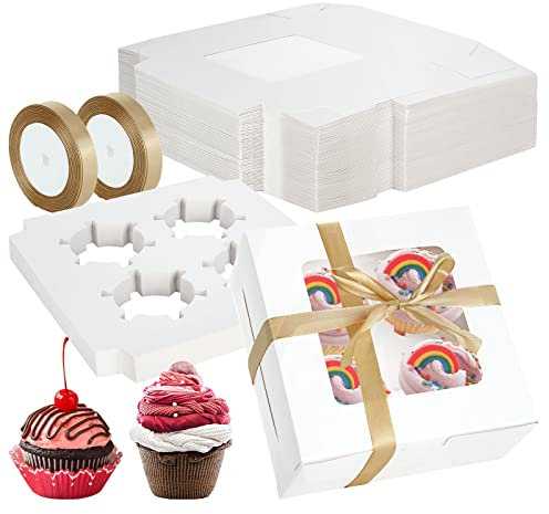 GOYADA 50 Pack 4 Hole Cupcake Boxes with Window, 16x16x7.5cm White Cupcake Boxes with Ribbons, Cupcake Carrier Holder with Insert for Cupcakes, Cookies, Brownies, Donuts