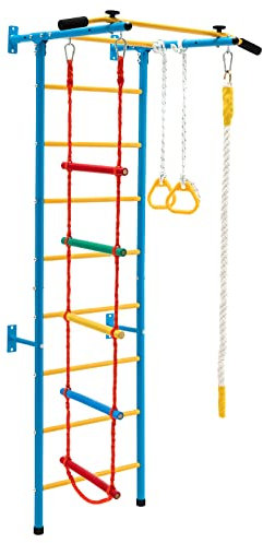 DREAMADE 5 in 1 Sprossenwand aus Metall, Kletterwand inkl. Klimmzugstange & Ringe & Strickleiter & Seil & Wandleiter, Klettergerüst bis 100kg belastbar, für Erwachsene & Kinder ab 3 Jahre (Gelb+Blau)