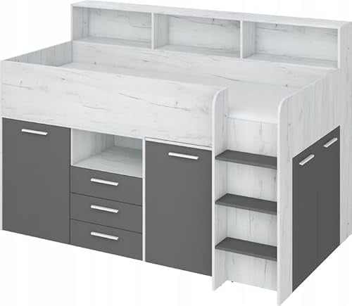 BB Loisir Letto a soppalco 80 x 200 cm con scala Armadietto, Scrivania Rimovibile, Libreria e Mensole NOE P Bianco Artigiano/Grafite