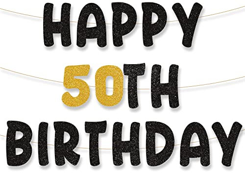 Palasasa Happy 50th Birthday Girlande - Banner und Deko Set Schwarz Gold für 50 Jahre Geburtstag - Party Dekoration für Kinder und Mädchen