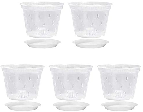 per Vasi da 14 cm in plastica per orchidee con fori e piattini. Confezione da 1/5 fioriera per orchidee con intaglio traspirante, per interni ed esterni, 5 pezzi