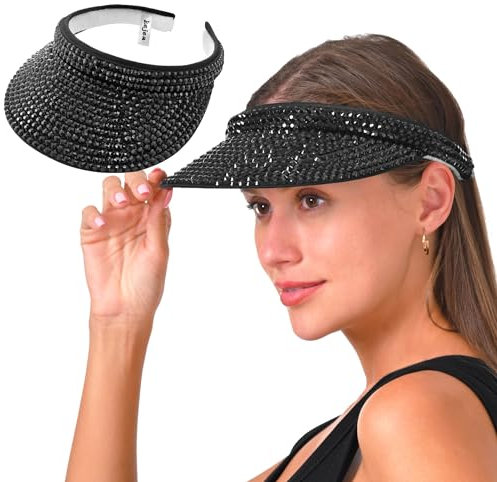 Sun Visors Hats Women Shiny Rhinestones Men Clip On Visor Hat Adjustable Bling Sports Beach Cap, Black, 6 3/4/7 1/4