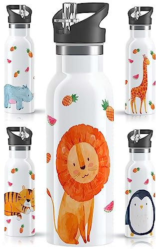 OWLBOOK® Edelstahl Trinkflasche Kinder | Wasserflasche mit Strohhalm | 600 ml | Sportdeckel | Spülmaschinenfest | Schule Sport | Schulanfang Geschenke zur Einschulung Junge Mädchen| Löwe