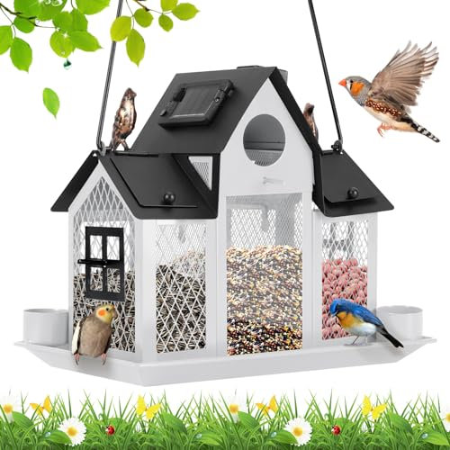 Solar Vogelfutterspender Haus Außen Hängend Metall Wildvogel-Futterspender Outdoor Große Kardinal Vogelfutterstation Vogelhäuser Eichhörnchensicher Weiß