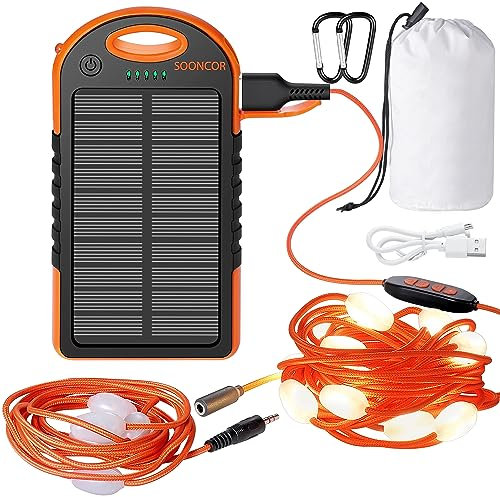 SOONCOR Guirlande Guinguette Lumineuse Extérieure Intérieure avec Batterie USB Rechargeable Solaire à 12+5 LEDs de 9M Détachable 7 Modes d’Éclairage Réglable, Lampe pour Camping,Tente et Maison.