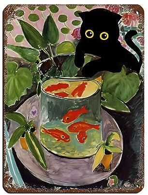 KOURT Goldfish Matisse Black Cat Lustiges Poster Retro Poster Metall Blechschild Chic Kunst Retro Eisen Malerei Bar Menschen Höhle Cafe Familie Garage Poster Wanddekoration 30 x 40 cm