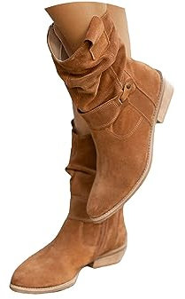 tinbarry Stivaletti da Donna in Pelle Scamosciata con Zip Pieghe Stivali Invernali Bassi Retrò Eleganti con Zip Tinta Unita Scarpe