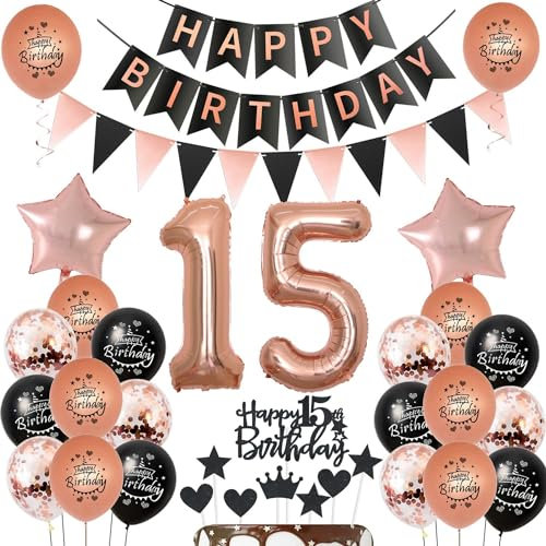 Palloncini decorazione 15 anni compleanno ragazza Nero Oro Rosa, palloncini 15 anni compleanno ragazza decorazione compleanno 15 anni ragazza decorazione torta 15 anni compleanno ragazza Oro Rosa