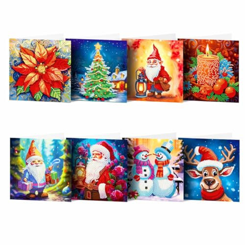 F4B 8 Stück Weihnachtskarten (3) Diamond Painting 15x15cm | Runde Strasssteine | Mit Briefumschlägen | Weihnachten | Rentier | Weihnachtsmann | Kartenset | Cards | Frohe Weihnachten | Paket Erwachsene