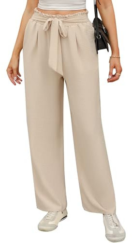 iClosam Leichte Sommerhose Damen Weite Lose Gerade Geschnitten Palazzo Hose Hohe Taille Dehnbar Lounge Elegante Hose mit Taschen Lang Luftige Plissee Freizeithose Beige S