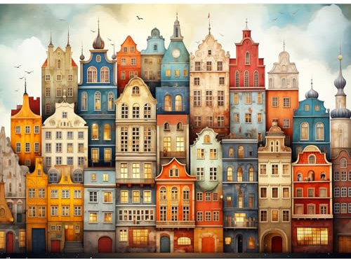 MISITU Klassische Puzzle 1000 Teile für Erwachsene Kunst Puzzles 1000 Farbiges Haus Puzzle für Kinder ab 14 Jahren