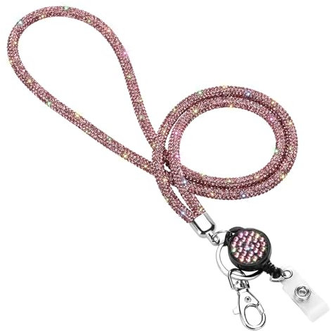 Soleebee Kartenhalter Trageband, Bling Strass Schlüsselband Lanyard mit Schlüsselring Kristall Halsband Damenkette Halskette Kit für Schlüsselanhänger ID-Kartenhalter (Rosa mit Ausweis JoJo)