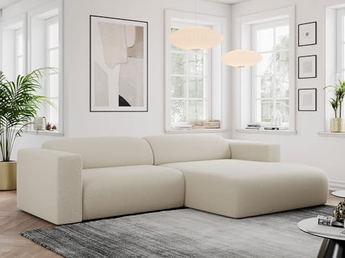 MKS MEBLE Ecksofa, Sofa L-Form, Wohnlandschaft L-Form, Modern Design Couch, Sofagarnitur, Couchgarnitur, Polsterecke - Pasadena -Beige Boucle - rechts Seite