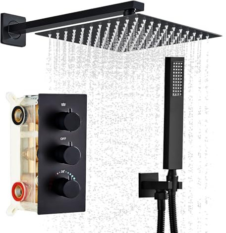 HUCKLE Duschsystem mit Thermostat Duschset, Dusche Komplett mit Regendusche(25cm×25cm), Hochdruck-Handbrause mit Schlauch und Halterung, Schwarzes Duschbrause Set