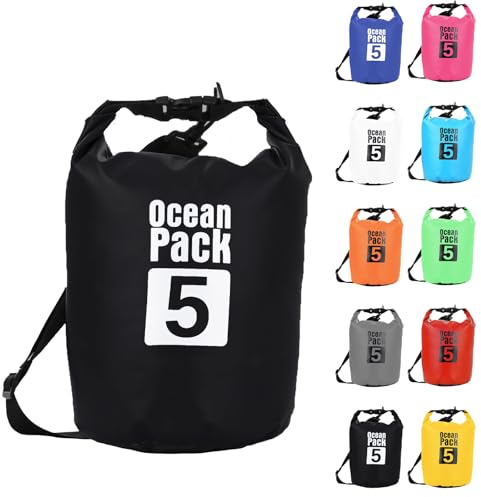 5L Schwarz Wasserdichte Tasche,Dry Bag 2L/5L/10L/15L/20L/30L mit Verstellbarem Gurt, Schützt Telefon/Karte, Roll Top Wasserdichter Beutel Rucksack für Schwimmen/Rafting/Kajak/Bootfahren/Camping/Strand