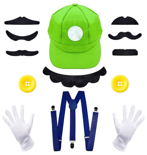 Grün Mütze, Luigi Kostüm mit Mütze, Gurt Weißen Handschuhe und Bart, KarnevalCosplay Kostüm für Kinder Erwachsene Damen