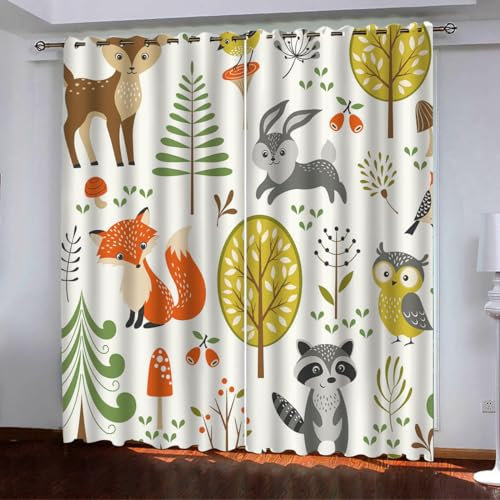 ZZTBQ Wald Tiere Vorhänge Blickdicht Karikatur Tier REH Kaninchen Fuchs Eule Faultier Gardinen 2 Stück Verdunkelungsvorhänge Mit Ösen 264x240cm Für Jungen Mädchen Kinder Schlafzimmer
