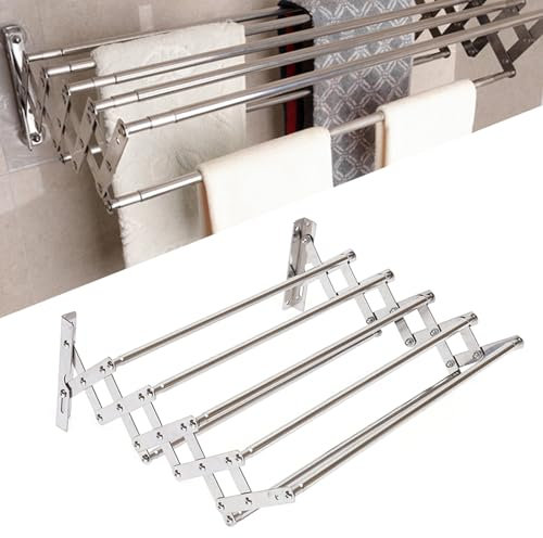 RUETERY Wäscheständer Wandmontage, Edelstahl Wandwäschetrockner Klappbar, Wäscheständer Wand mit 5 Stangen, Handtuchhalter aus Metall für Bad, 42-80 cm Breite