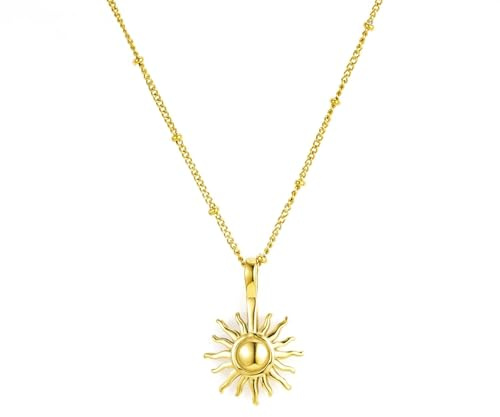 DJADEE Damen Kette mit Anhänger Sonne, 18 Karat vergoldet, Edelstahl, wasserfest, hypoallergen, verstellbare Länge, UVP: 35€