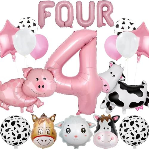 Bauernhof Geburtstag Deko Luftballon Tiere Tier Ballons Mädchen Folienballon Kindergeburtstag Bauernhof-Kuh-Druck, Schaf, Schwein, Esel Party Dekoration Zubehör (4 jahre)