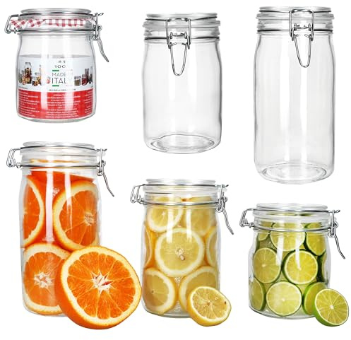 MamboCat 6tlg Set Norma luftdichte Vorratsgläser rund I Je 2X 0,75L, 1L & 1,5L I Glasdosen mit Drahtbügelverschluss zum Einmachen, Fermentieren & Aufbewahren