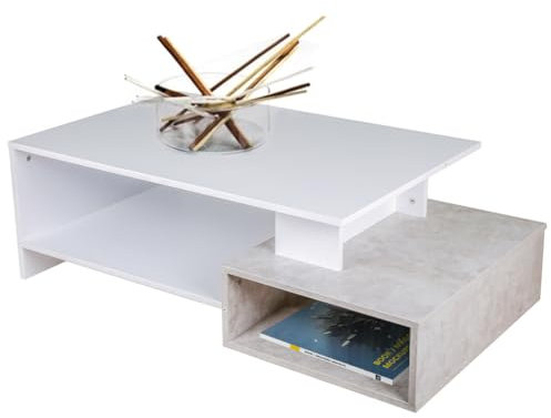 BAKAJI Tavolino Divano Tavolo Caffè da Salotto Rettangolare Design Moderno in Legno MDF con 4 Ripiani Inferiori Dimensione 106.5 x 60 x 34.5 cm Arredamento casa (Bianco e Cemento)