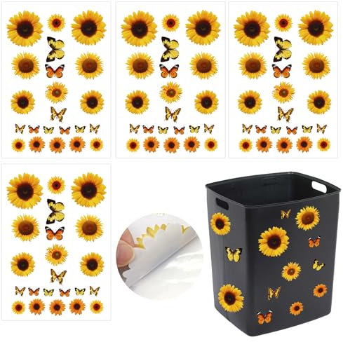 Wheelie Bin Stickers Sunflower Stickers Self Adhesive, Not Transparent Sunflower Bin Sticker Waterproof Flower Refrigerator Car Decals 4 Sheets