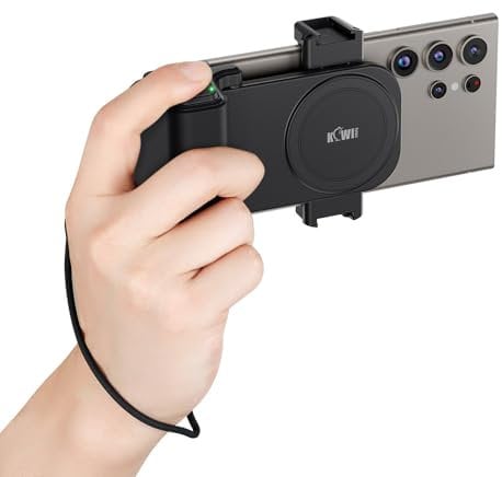 KIWIFOTOS Impugnatura Grande Smartphone Grip con Wireless Telecomando Bluetooth, Registrazione Vlogging Riprese per Telefoni Android e iOS Larghezza 59-85mm