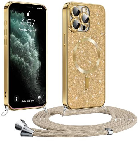 Phoona Coque pour iPhone 11 Pro Max avec Cordon, Etui à Paillettes Compatible avec MagSafe, Antichoc Protection Coque pour Magnétique avec Réglable Collier, Doré