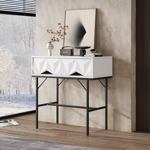 LERFAN Console moderne et élégante avec design creux géométrique et tiroir tridimensionnel, pour entrée et salon, 80 x 40 x 80 cm (l x P x H) - Blanc + noir