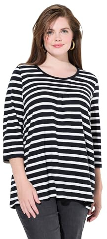 Ulla Popken Damen große Größen Übergrößen Plus Size Shirt, Ringel, A-Linie, Rundhals, Zierfalten, 3/4-Arm schwarz 50+ 834195100-50+