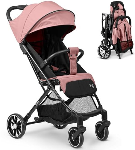 Nukido Passeggino per bambini 0-36 mesi 0-15 kg pieghevole automatico in 2 secondi ruote a 360° con ammortizzazione grandi ruote tuttofare rosa