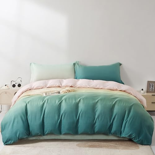 SAPHREAS Bettwäsche 200x220 Grün Bettwäsche Sets Mikrofaser Modern Grün-Rosa Ombre Bettwäsche 3teilig Kuschelige 1 Bettbezug 200x220 cm mit Reißverschluss + 2 Kissenbezüge 80x80 cm(Ohne Bettdecken)