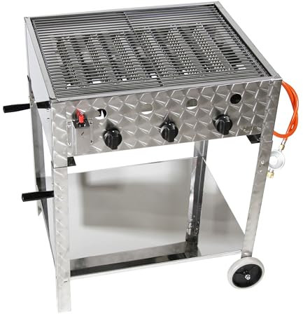 Edelstahl Gasbräter Gasgrill 10 kW fahrbar – 3-flammig mit Grillpfanne, Gestell, Gasschlauch & Druckminderer – Profi Gastro & Camping (Set 5 – Gasbräter B01 + Grillset G03+Gestell G04)