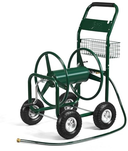 SOARS Carrello Avvolgitubo da Giardino per Tubi da 5/8, Fino 80 Metri | Avvolgitubo in Metallo con Cestino e 4 Ruote Pneumatiche, 95 x 62 x 113 cm, Verde