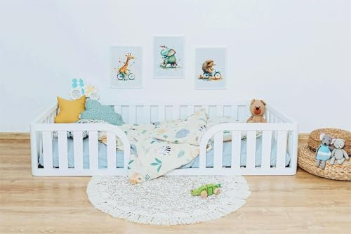 Mandrele - Montessori Bett, Bodenbett mit Lattenrost, Rausfallschutz Bett, Kinderbett, Holzbett mit Bettgestell für Jungen und Mädchen, 160x90cm, Weiß