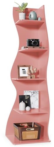 LITTLE TREE Bücherregal Ecke, Modernes Regal Schmal mit 6 Ebenen, 50 x 48 x 179 cm Bücherregal Holz, Standregal mit Wellen-Design für Kleine Räume, Wohnzimmer & Schlafzimmer, Rosa, 1er Pack