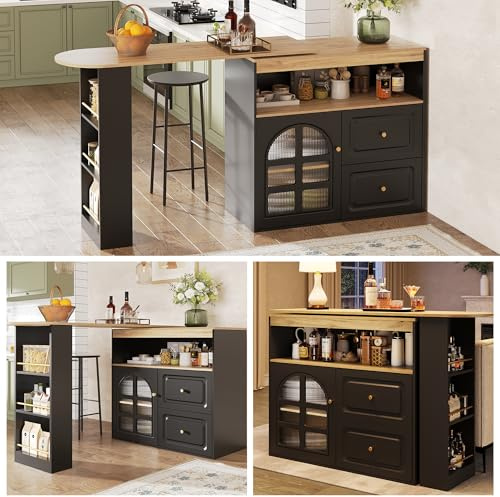 Easexcy Ausziehbarer Bartisch mit Stauraum, 360° drehbare Essbar,Moderner Beweglicher Bar, Kücheninsel Bistro Table, Sideboardschrank mit Regalen und Glas (schwarz 1)
