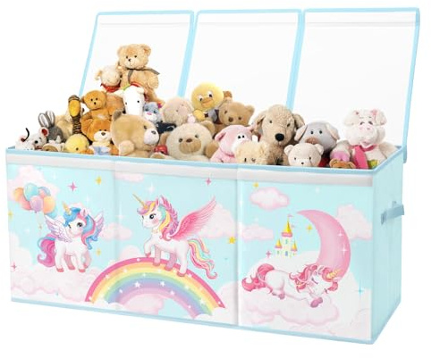 Kids Toy Box Storage with Lid Organizer Bin for Bedroom Rainbow unicorn | Extra large capacity, Lightweight Foldable, Lid & Handles, for boys girls bedroom nursery daily sundry storage, 96×32×40cm