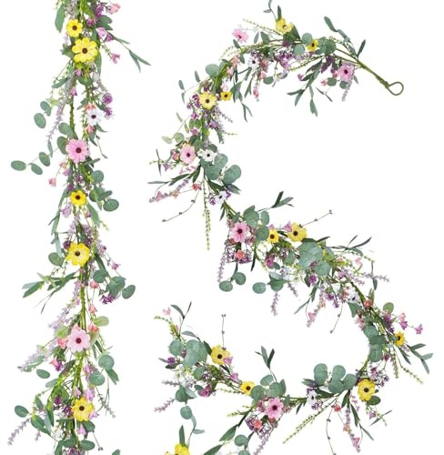 6.5FT Wildflower Daisy Garland Flower Garland with Daisy Lavender Faux Floral Vine Summer Spring Garland for Mantle Baby Shower Wedding Arch Front Door Porch Staircase Summer Spring Decor (1 Pcs)