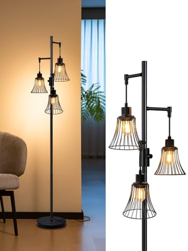 YIKEGE LICHT Modern Vintage Schwarz Dimmbar Stehlampe mit Metall Lampenschirm, 69 Hoch Verstellbarer Lampenkopf, Fußschalter, Industrie-Farmhaus-Stil Lampe für Wohnzimmer, Schlafzimmer, Leseecke