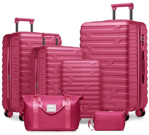 LARVENDER Kofferset 6 Teilig Hartschale Leicht ABS Erweiterbar Reisekoffer Haltbar Handgepäck Sets 4 Rollen TSA-Schloss mit 1 Reisetasche und 1 Kulturtasche, Leuchtendes Rosa