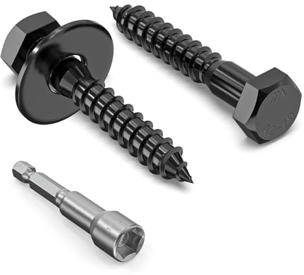 20Pcs M6 x 35mm Coach Screws, Heavy Duty Lag Bolts, 35mm Wood Screws | 304 Stainless Steel, Hex Head Partial Thread Black Oxide, with Washers and Hex Socket Drill Bit