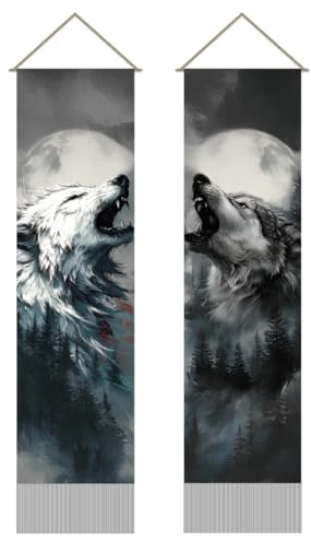 AHANDMAKER Packung Mit 2 Wolf Und Mond Wandteppich Wandbild „Heulender Waldwolf“ – Vertikaler Langer Wandteppich Schwarzer Und Weißer Wandbehang Für Schlafzimmer Und Wohnzimmer 116x33cm